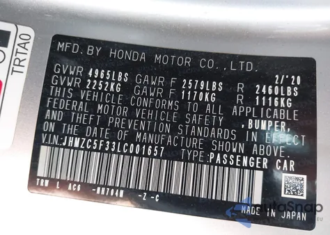 2020 Honda Clarity Plug-In Hybrid Touring z USA, uszkodzony, nr VIN JHMZC5F33LC001657